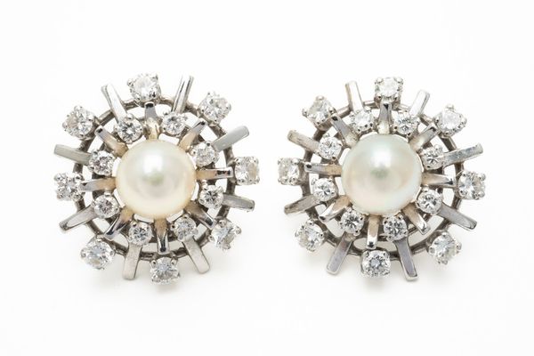 A PAIR OF DIAMOND AND CULTURED PEARL EARRINGS