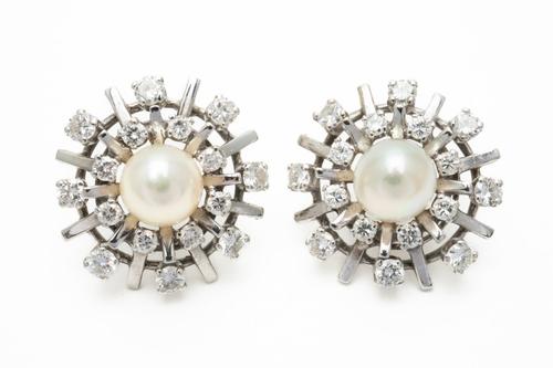 A PAIR OF DIAMOND AND CULTURED PEARL EARRINGS