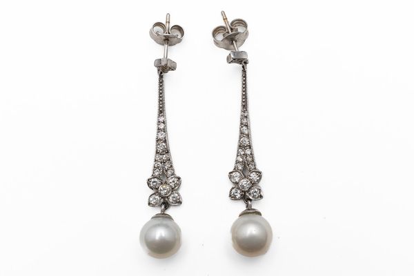 A PAIR OF DIAMOND AND PEARL DROP EARRINGS (3)