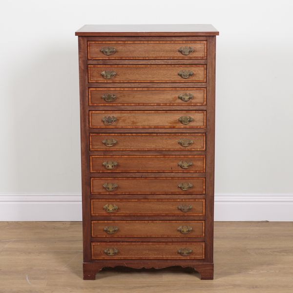 AN EDWARDIAN SATINWOOD BANDED MAHOGANY TEN DRAWER TALL CHEST