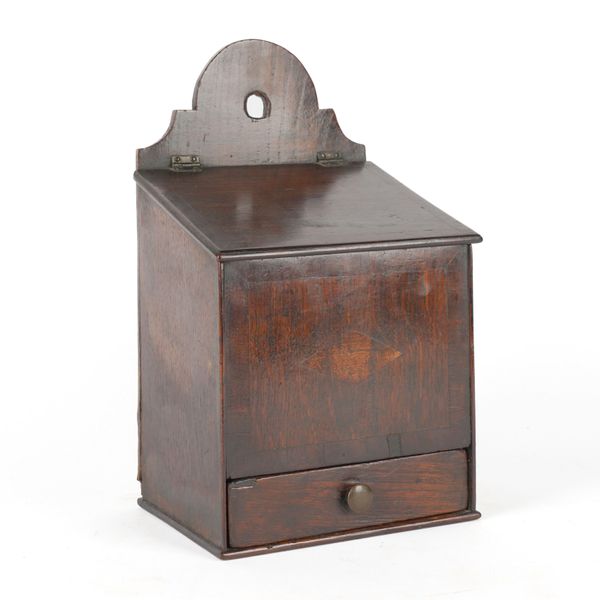 AN ENGLISH OAK CROSSBANDED HANGING CANDLE BOX