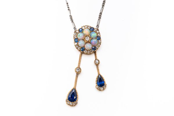 AN OPAL, SAPPHIRE AND DIAMOND DROP NECKLACE (3)