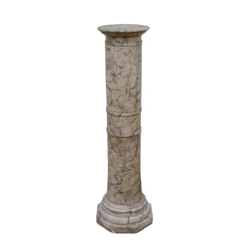 AN ITALIAN VARIEGATED GREY AND WHITE MARBLE PEDESTAL DISPLAY COLUMN