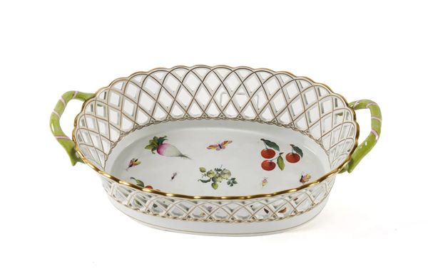 A LARGE HEREND `MARKET GARDEN' PATTERN TWO-HANDLED OVAL PIERCED BASKET