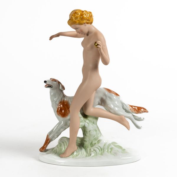 ROYAL DUX; A FIGURE OF A LADY WITH A BORZOI