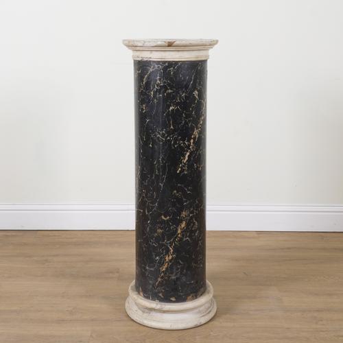 A SCAGLIOLA FAUX PORTOR MARBLE AND WHITE MARBLE MOUNTED PEDESTAL COLUMN