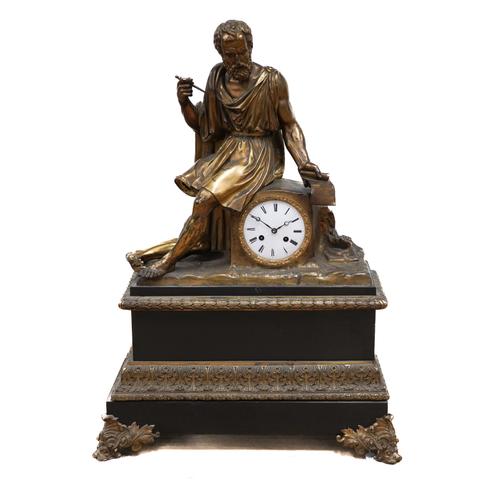A FRENCH GILT-BRONZE MOUNTED BLACK MARBLE MANTEL CLOCK MOUNTED WITH A FIGURE OF ARISTOTLE
