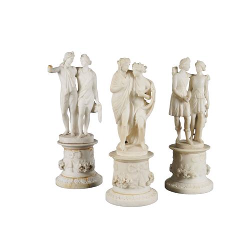 A GROUP OF THREE ITALIAN CARVED ALABASTER GROUPS AFTER THE ANTIQUE INCLUDING APOLLO AND DIANA (6)