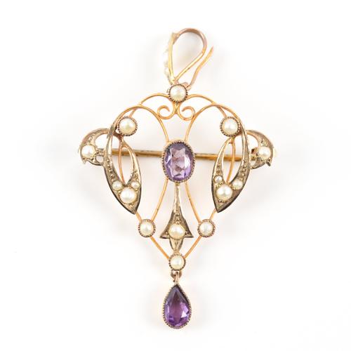 A GOLD, AMETHYST AND SEED PEARL PENDANT