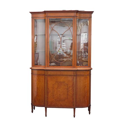 MAPLE AND CO; A LATE 19TH CENTURY SHERATON REVIVAL SATINWOOD DISPLAY CABINET CUPBOARD
