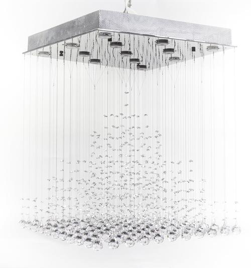 A CRYSTAL GLASS AND POLISHED METAL CHANDELIER OF PYRAMIDAL FORM