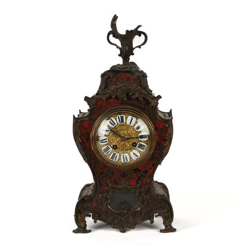 A FRENCH ROCOCO REVIVAL TORTOISESHELL AND BRASS INLAID  ‘BOULLE’ MANTEL CLOCK
