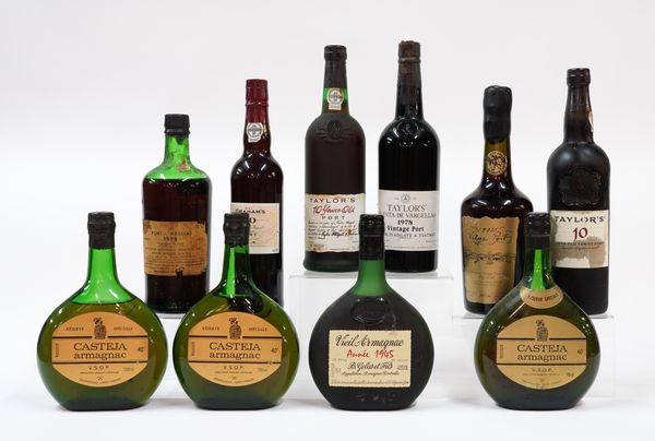 TEN BOTTLES OF PORT AND OTHER SPIRITS INCLUDING TWO BOTTLES OF TAYLOR'S TEN YEARS PORT (10)