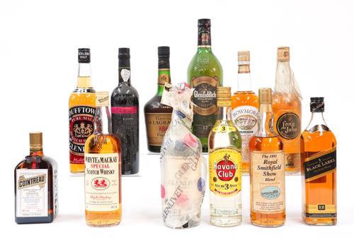 A MIXED GROUP OF SPIRITS INCLUDING A CASED BOTTLE OF BOWMORE LEGEND SINGLE MALT SCOTCH WHISKY (12)