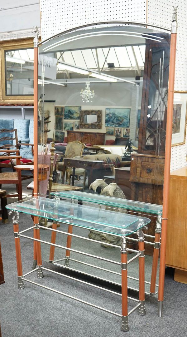 A 20th century bevelled glass floor standing mirror and a matching console table.