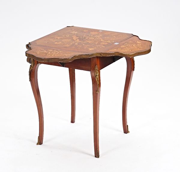 A 19th century floral marquetry inlaid rosewood four sided shaped drop flap centre table on cabriole supports, 60cm wide x 75cm high.