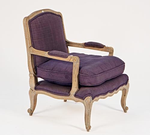 A grey painted Louis XV style open armchair.