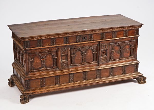 A 19th century and later Continental carved walnut deception coffer with lift lid and fitted interior with hidden door front and lower compartment...