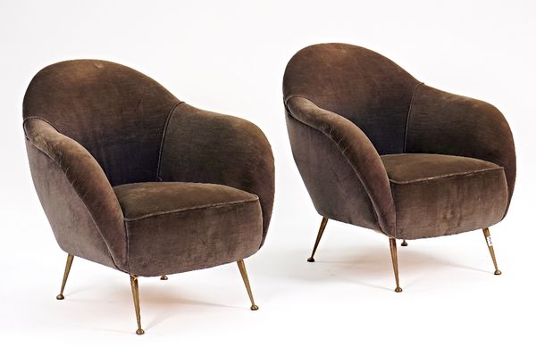 Possibly Carlo di Carli; a pair of 1950s Italian retro design easy armchairs on lacquered brass supports, 75cm wide x 77cm high.