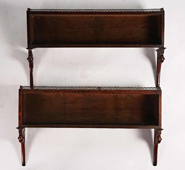 A PAIR OF REGENCY DESIGN BRASS MOUNTED ROSEWOOD OPEN WALL SHELVES (2)