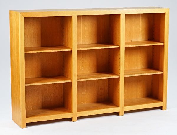 A modern oak floor standing open bookcase, with six adjustable shelves, 180cm wide x 121cm long.