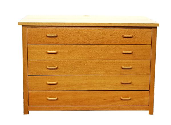 A modern oak five drawer plan desk