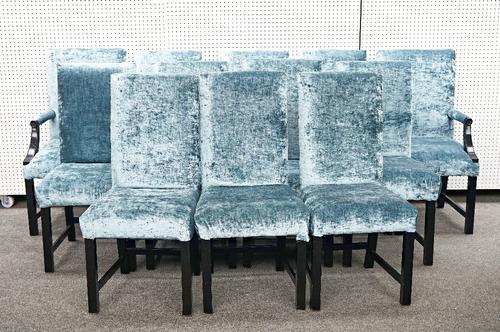 A set of twelve ebonised square back dining chairs