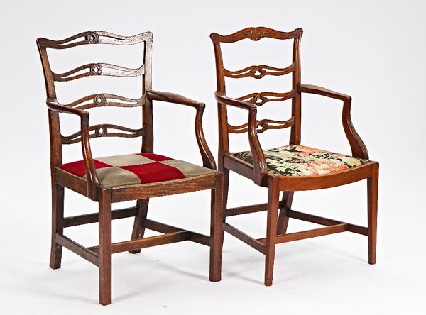 A George III mahogany ribbon back carver chair on square supports, 62cm wide x 98cm high, together with a similar late 19th century, 57cm wide x...