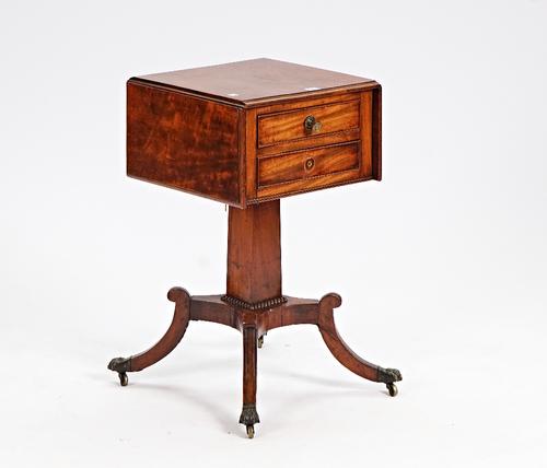 A William IV plum pudding mahogany drop flap two drawer  work table on four downswept supports, 49cm wide x 73cm high.