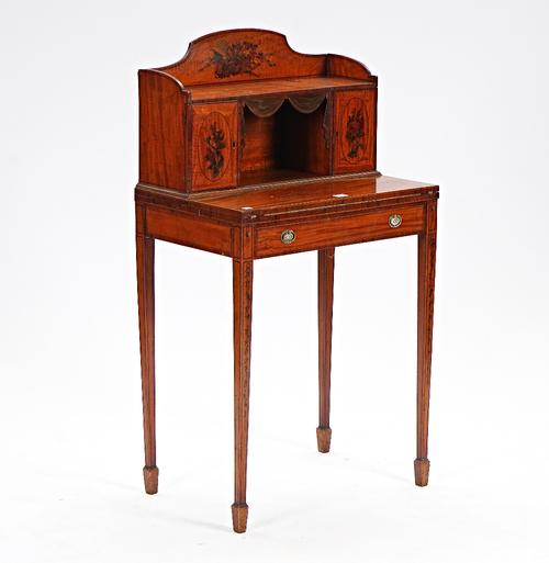 A George III style polychrome painted satinwood lady's writing desk with fitted superstructure and fold out writing surface above single drawer, 61cm...