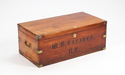 A 19th century brass bound teak rectangular lift top trunk, 88cm wide x 34cm high.