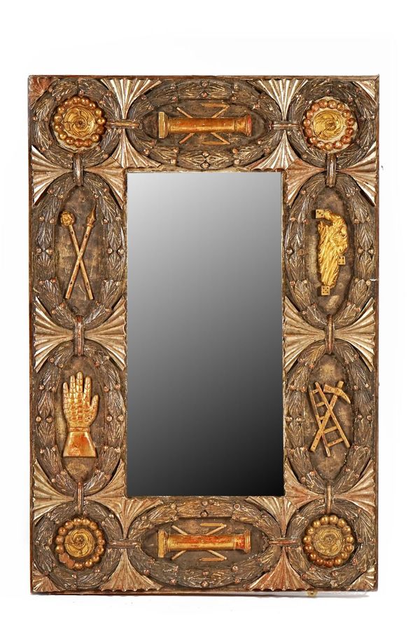 A gilt and polychrome painted rectangular mirror relief modelled with wreaths and ancient symbols, 125cm wide x 86cm high.