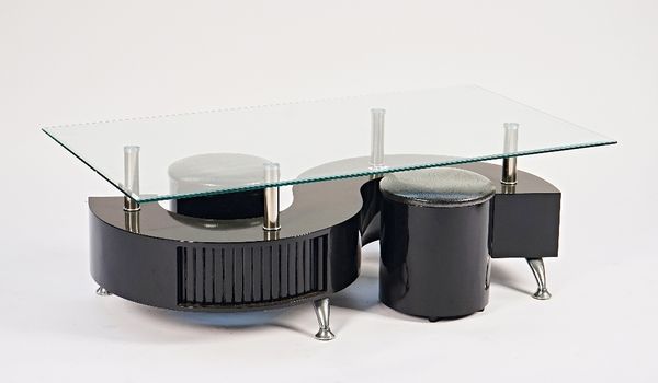 A modern rectangular glass coffee table and two stools, (3)