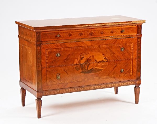 After Maggolini, an 18th century style marquetry inlaid walnut commode of three long graduated drawers on tapering square supports, 127cm wide x 93cm...
