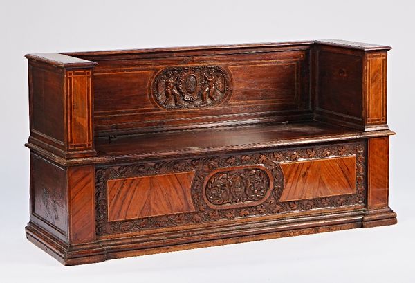 A 17th century and later Italian walnut box seat square back settle with lift arms and seat, 166cmwide x 87cm high.