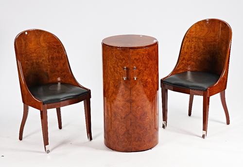 A pair of modern figured walnut tub back chairs and a drinks cupboard, (3)