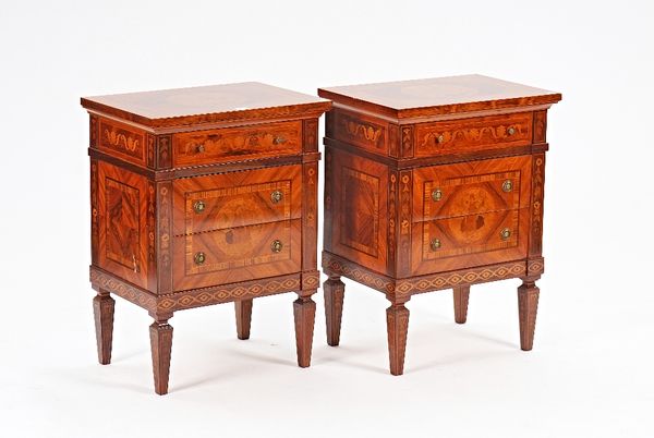 After Maggolini, a pair of 18th century style petite commodes/bedside tables each with three drawers on tapering square supports, 51cm wide x 69cm...
