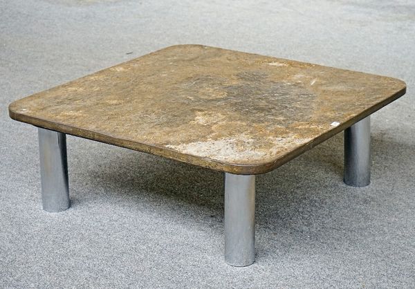 Gianfranco Frattini for Cassina 1968, a square coffee table, the polished slate top on four tubular chrome supports, 110cm wide x 40cm high.