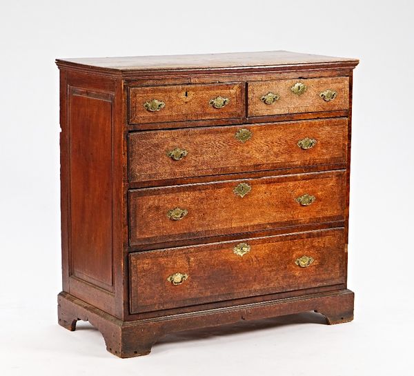 A George III oak chest with two short and three long graduated drawers on bracket feet, 108cm wide x 108cm high.