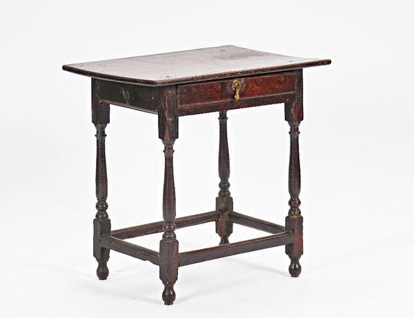 A 17th century and later oak single drawer side table, on baluster turned supports, united by perimeter stretcher, 69cm wide x 69cm high.