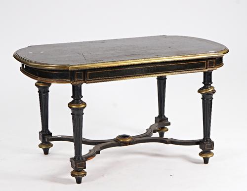 A 19th century French brass inlaid rounded rectangular ebonised centre table