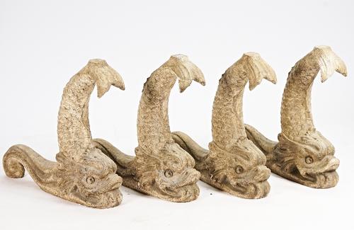 A set of four distressed off-white painted plaster table supports, with birch veneered top.