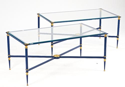 A pair of 20th century blue painted and brass rectangular glass top coffee tables, (2)