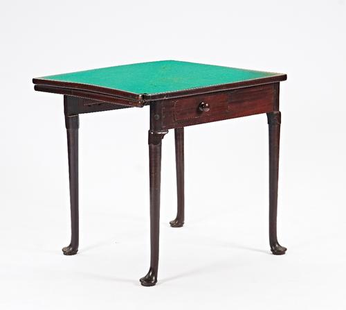 A mid-18th century mahogany triangle handkerchief double fold out games / tea table
