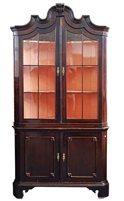 An 18th century Dutch Bonnet topped floor standing corner display cabinet, 120cm wide x 227cm high.