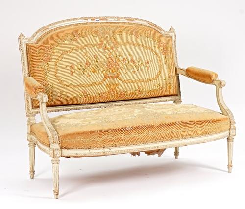 A Louis XVI style grey painted tapestry upholstered salon suite, (5).