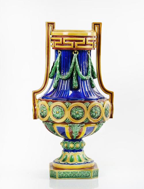A Minton majolica two-handled vase