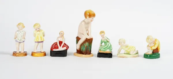 Six Royal Worcester figures, 1930's, comprising; `Coquette', 2884 and `Little Dancer', 2883, modelled by Phoebe Stabler; `Tommy', 2913, and `Joan',...