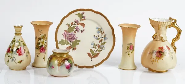 A collection of six pieces of Royal Worcester including a pair of vases, shape no. G923, painted with flowers against a blush ivory ground, 15.5cm...
