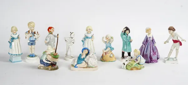 Eleven Royal Worcester figures of children modelled by Freda Doughty, comprising; `Sunday's Boy', 3256; `Thursday's Child', 3260; `February', 3463;...
